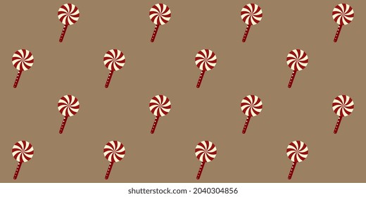 Red white lollipop flat pattern continuous beige cream background. Colorful Christmastime holiday design ornament.