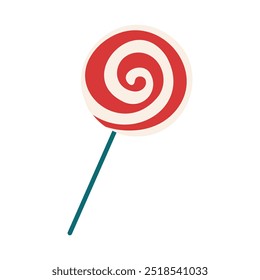 A red and white lollipop with a green stick. The lollipop is in the middle of the image and the stick is on the left side