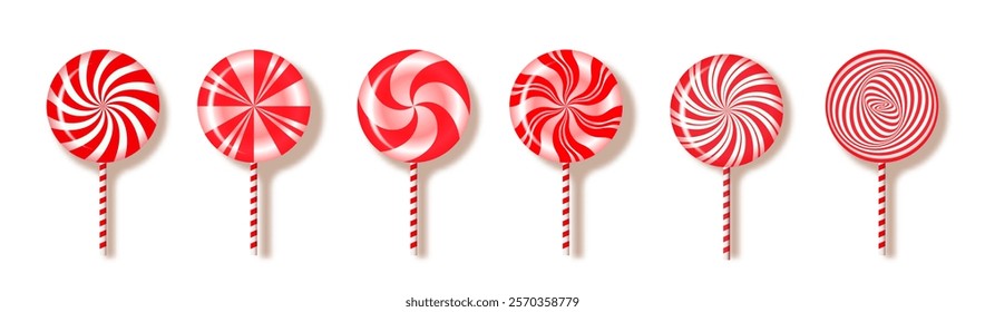 Red and white lollipops set. Isolated vector objects on white background