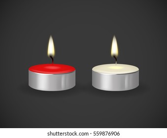 Red and white love Candle flame fire light isolated. Realistic paraffin candle. 