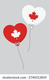 Red, white, and maple leaf heart shaped balloon icons as the colors of the Canadian flag. Canada Day flat design illustration.

