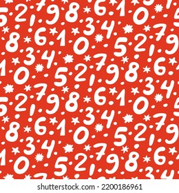 Impresión de matemáticas rojas y blancas para textiles escolares. Contraste el patrón sin fisuras con los números para un diseño educativo lindo, tejido de jardín de infancia. Símbolos escritos a mano para el fondo de pantalla de la escuela primaria. Plantilla de vectores.