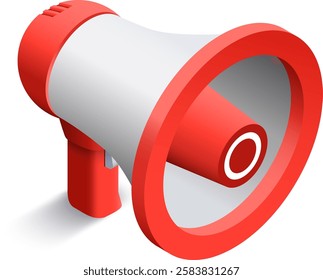 Red and white megaphone casting a shadow on a white background, making an important announcement, amplifying voice and spreading information