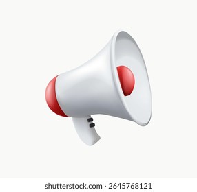 Megafone vermelho e branco isolado no fundo branco. 3D renderizar alto-falante megafone ou alto-falante bullhorn para anunciar a promoção. Alto hailer com microfone, alerta, promo, conceito de notícias