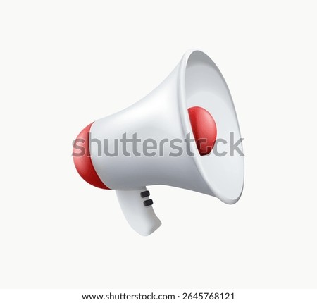 Red and white megaphone isolated on white background. 3D render megaphone speaker or loudspeaker bullhorn for announce promotion. Loud hailer with microphone, alert, promo, news concept