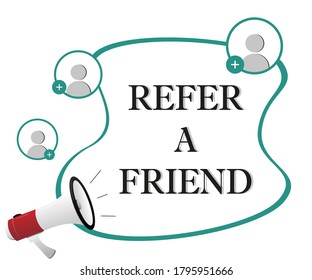 Red and white megaphone shouting Refer a friend. Referral program. Vector colorful illustration isolated on white background.