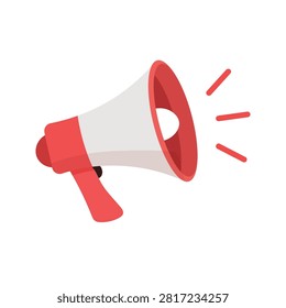 Red and white megaphone speaker icon. Loudspeaker announcement and promotion tool illustration. Flat vector illustration isolated on white background.