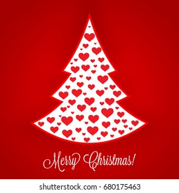 Red and White Merry Christmas Vector Background Cover -  Hearts Element in Xmas Tree Shape