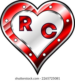 Red and white metallic heart with initial letters R and C, shiny vector illustration, amazing love, passion and happiness vector, illustration for valentine couple. God is good!