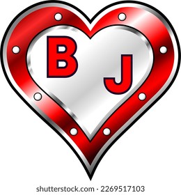 Red and white metallic heart with initial letters B and J, shiny vector illustration, awesome love, passion and happiness vector, illustration for valentine couple. God is good!