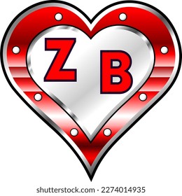 Red and white metallic heart with initial letters Z and B, shiny vector illustration, amazing love, passion and happiness vector, illustration for valentine couple. God is good!