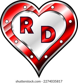 Red and white metallic heart with initial letters R and D, shiny vector illustration, amazing love, passion and happiness vector, illustration for valentine couple. God is good!