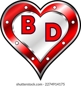 Red and white metallic heart with initial letters B and D, shiny vector illustration, amazing love, passion and happiness vector, illustration for valentine couple. God is good!