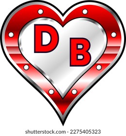 Red and white metallic heart with initial letters D and B, shiny vector illustration, amazing love, passion and happiness vector, illustration for valentine couple. God is good!