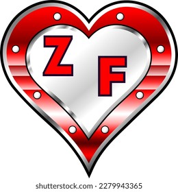 Red and white metallic heart with letters Z and F, shiny vector illustration, amazing love, passion and happiness vector, illustration for valentine couple. God is good!