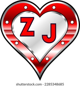 Red and white metallic heart with letters Z and J, shiny vector illustration, amazing love, passion and happiness vector, illustration for valentine couple. God is good!