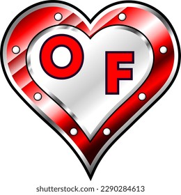 Red and white metallic heart with letters O and F, shiny vector illustration, amazing love, passion and happiness vector, illustration for valentine couple. God is good!