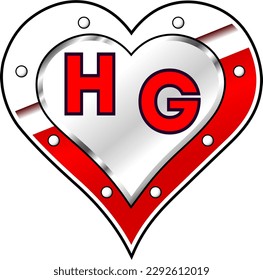 Red and white metallic heart with letters H and G, shiny vector illustration, amazing love, passion and happiness vector, illustration for valentine couple. God is good!