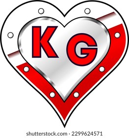 Red and white metallic heart with letters K and G, shiny vector illustration, amazing love, passion and happiness vector, illustration for valentine couple. God is good!