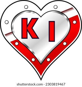Red and white metallic heart with letters K and I, shiny vector illustration, amazing love, passion and happiness vector, illustration for valentine couple. God is good!