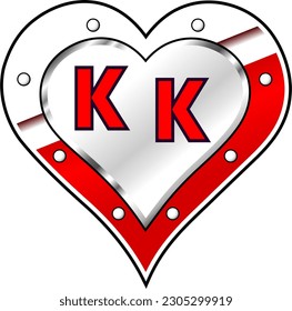 Red and white metallic heart with letters K and K, shiny vector illustration, amazing love, passion and happiness vector, illustration for valentine couple. God is good!