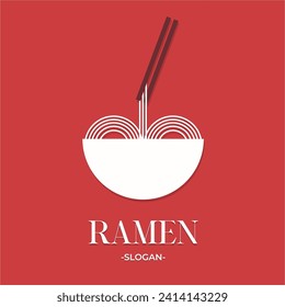 A red and white minimalist illustration of a bowl of ramen noodles. The illustration is in the style of flat design, with simple shapes and bold colors. The bowl is red, the noodles are white, and the