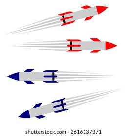 Red white missile and blue white missile vector clip art. Rocket warhead launch frying air strikes cartoon style isolated in white background