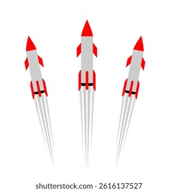 Red white missile vector clip art. Rocket warhead launch frying air strikes cartoon style isolated in white background