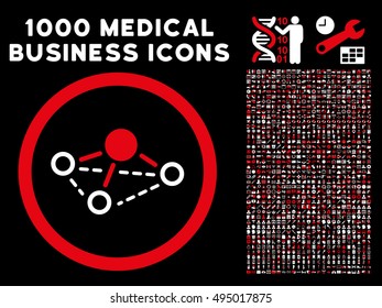 Red And White Molecule vector bicolor rounded icon. Image style is a flat icon symbol inside a circle, black background. Bonus clipart is 1000 medical business elements.