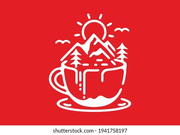 Red white mountain illustration on a cup design