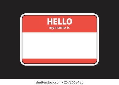 Red and white name tag with 'Hello my name is' text. Blank name tag for events. Name tag design for introductions.