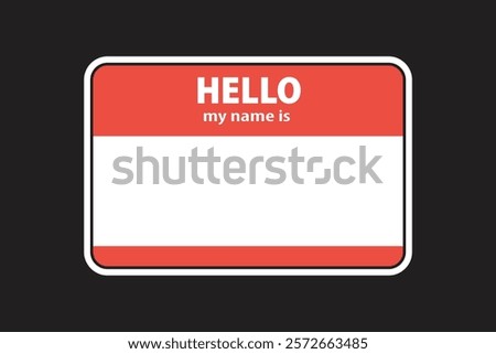 Red and white name tag with 'Hello my name is' text. Blank name tag for events. Name tag design for introductions.