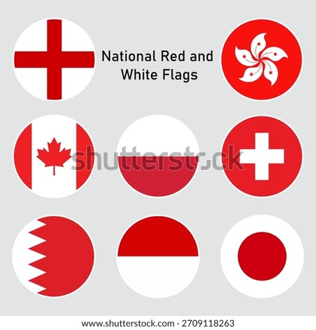 Red and White National Flags Collection in Round Icon Style. Vector Set. Suitable for branding, educational materials, international content, posters