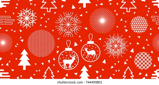 Red and white New Year background. Seamless vector pattern with fir trees, Christmas balls, snowflakes and abstract geometric elements. Simple design for packaging, cards and textile.