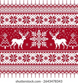 Red and White Nordic Reindeer and Snowflake Seamless Pattern