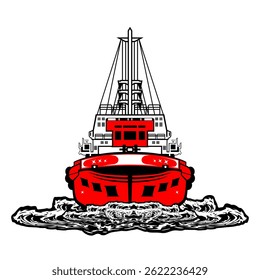 red and white ocean liner sailing front view vector illustration