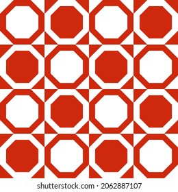 Red and white octagons in chess cells. Elementary geometric pattern. Vector abstract geometry pattern.