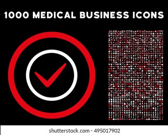 Red And White Ok vector bicolor rounded icon. Image style is a flat icon symbol inside a circle, black background. Bonus clip art includes 1000 healthcare business pictographs.