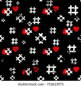 Red and white old Hashtag seamless on black background. Hashtag random seamless pattern