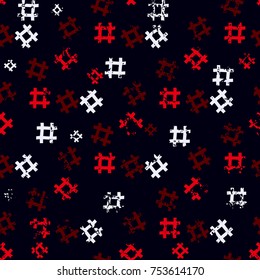 Red and white old Hashtag seamless on black background. Hashtag random seamless pattern