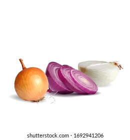 Red and white onion low poly. Fresh, nutritious, tasty onion. Vector illustration. Vegetables ingredients in triangulation technique. 