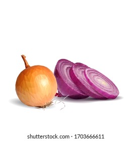 Red and white onion low poly. Fresh, nutritious, tasty onion. Vector illustration. Vegetables ingredients in triangulation technique. 
