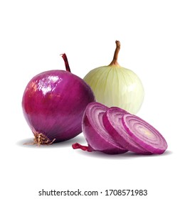 Red and white onion low poly. Fresh, nutritious, tasty onion. Vector illustration. Vegetables ingredients in triangulation technique. 