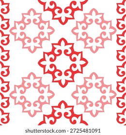 Rot und weiß Orientalisch nahtloses Muster. Geometrisches islamisches nahtloses Muster. Kasachisches Nationalornament. Für Design, Sandstrahlen, Keramik, Patchwork, Fliesen. Vektorgrafik.