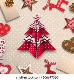 red and white origami tree on polka dot background lying among small traditional decorations, abstract christmas theme inspired by flat lay style, vector illustration, eps 10 with transparency and