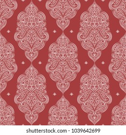 Red and white ornamental seamless pattern. Vintage, paisley elements. Ornament. Traditional, Ethnic, Turkish, Indian motifs. Great for fabric and textile, wallpaper, packaging or any desired idea