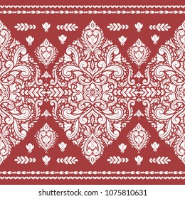 Red and white ornamental seamless pattern. Vintage, paisley elements. Ornament. Traditional, Ethnic, Turkish, Indian motifs. Great for fabric and textile, wallpaper, packaging or any desired idea. 