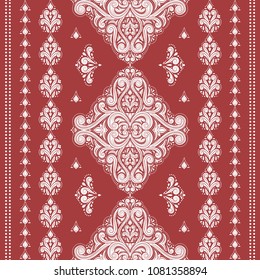 Red and white ornamental seamless pattern. Vintage, paisley elements. Ornament. Traditional, Ethnic, Turkish, Indian motifs. Great for fabric and textile, wallpaper, packaging or any desired idea.