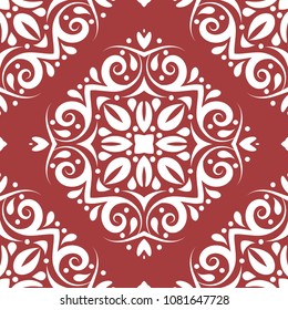 Red and white ornamental seamless pattern. Vintage, paisley elements. Ornament. Traditional, Ethnic, Turkish, Indian motifs. Great for fabric and textile, wallpaper, packaging or any desired idea.