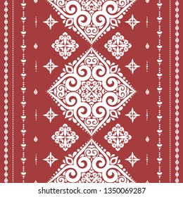 Red and white ornamental seamless pattern. Vintage, paisley elements. Ornament. Traditional, Ethnic, Turkish, Indian motifs. Great for fabric and textile, wallpaper, packaging or any desired idea.